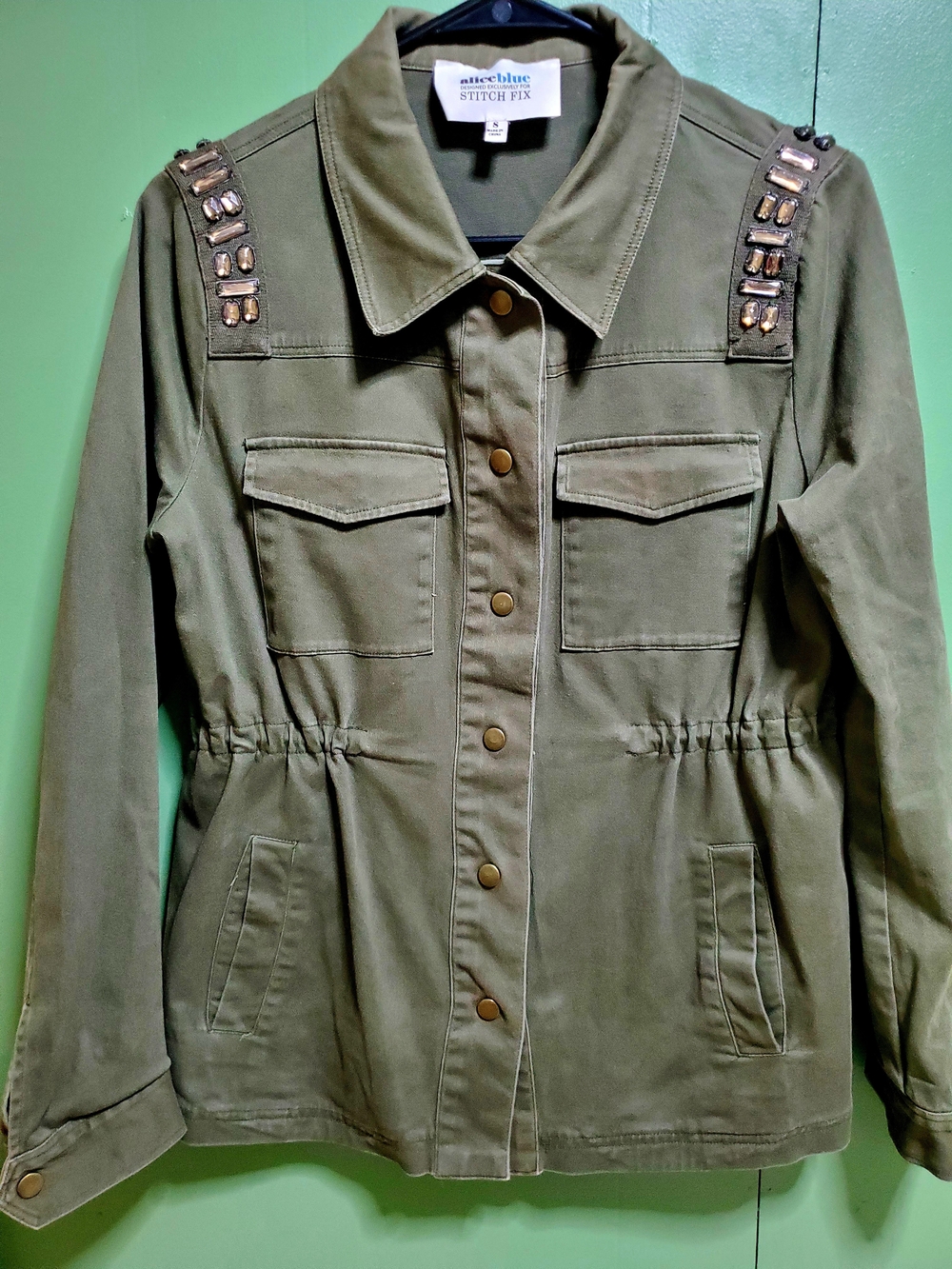 Alice Blue Olive Utility Jacket with Studded Shoulders